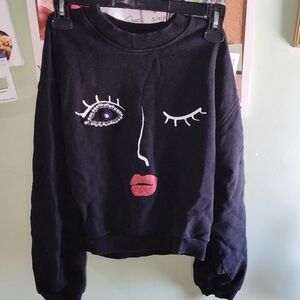 Bershka Black Sweatshirt with Embellished Eye and Glitter Lips